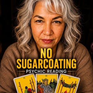 May include: A woman with gray hair holds tarot cards, with the text "NO SUGARCOATING PSYCHIC READING" in yellow and white. The cards are yellow with illustrations and the number III and IV. The woman wears a brown sweater.
