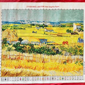 May include: A cross-stitch pattern of a painting by Vincent van Gogh depicting a rural landscape with a farmhouse, fields of wheat, and a cloudy sky. The pattern includes a color key and grid for stitching. The title "ZY108 MSC-2007006 Van Gogh's Farm" is printed at the top.