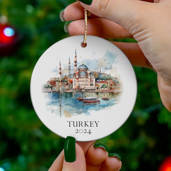Turkey Customizable Year Watercolor Christmas Ornament, Istanbul Souvenir, Gift for Turkey Lover,  Honeymoon, Anniversary, Housewarming Gift