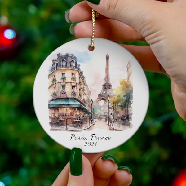 Paris France Eiffel Tower Customizable Year Watercolor Christmas Ornament, Gift for Paris Lover, Girls Trip Gift, Honeymoon Anniversary