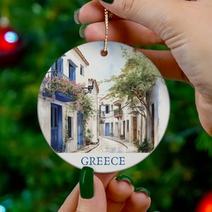 Greece Watercolor Design Ceramic Christmas Ornament, Blue Door White Houses Pink Flowers, Gift for Greece Lover, Girls Trip Gift, Honeymoon