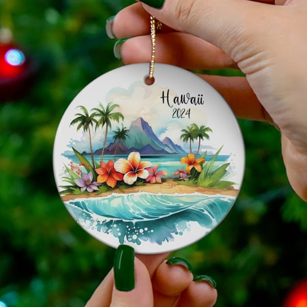 Hawaii Colorful Flowers Watercolor Design Ceramic Christmas Ornament, Customizable Year, Gift for Hawaii Lover,  Honeymoon, Anniversary Gift