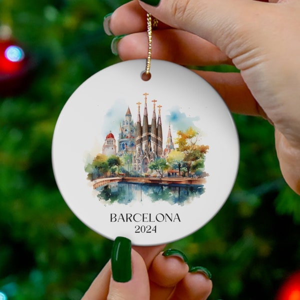 Barcelona Spain Sagrada Familia Watercolor Customizable Year Christmas Ornament, Gift for Barcelona Lover, Girls Trip, Engagement, Honeymoon