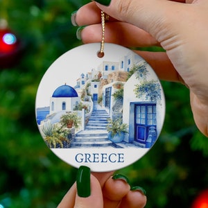 Greece Christmas Ornament, Blue Dome Blue Door Watercolor Design Greece Ornament, Greece Trip Souvenir, Europe Trip, Gift for Greece Lover