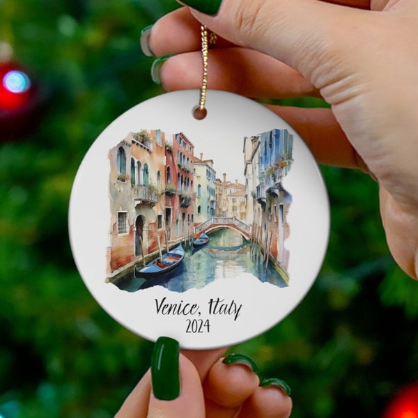 Venice Italy Canal Customizable Year Watercolor Design Christmas Ornament, Italy Souvenir, Gift for Venice Lover, Honeymoon, Anniversary