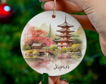 Japanese Cherry Blossoms Temple Watercolor Ceramic Christmas Ornament, Japan Ornament Souvenir, Honeymoon Anniversary Housewarming Gift