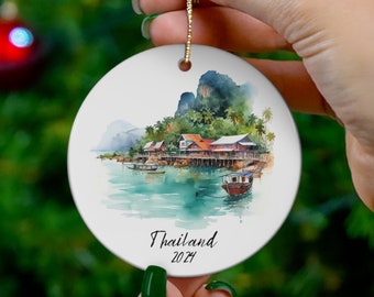 Thailand Customizable Year Watercolor Ceramic Christmas Ornament, Thailand Souvenir, Gift for Thailand Lover, Girls Trip, Housewarming Gift