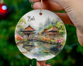 Bali Indonesia Watercolor Design Ceramic Christmas Ornament, Bali Trip Souvenir, Gift for Bali Lover, Girls Trip, Housewarming Gift