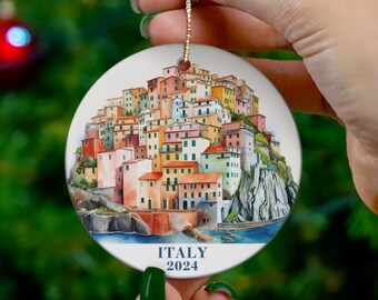 Italy Customizable Year Watercolor Cliffside Beach Christmas Ornament, Italian Beach Souvenir, Gift for Italy Lover, Girls Trip, Honeymoon