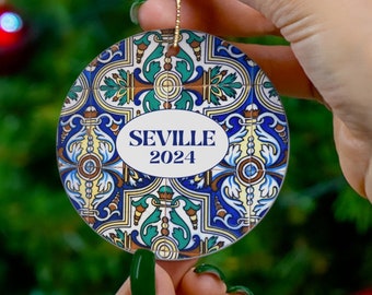 Seville Spain Customizable Year Ceramic Tiles Plaze de Espana Christmas Ornament, Spain Christmas Ornament, Gift for Seville Lover