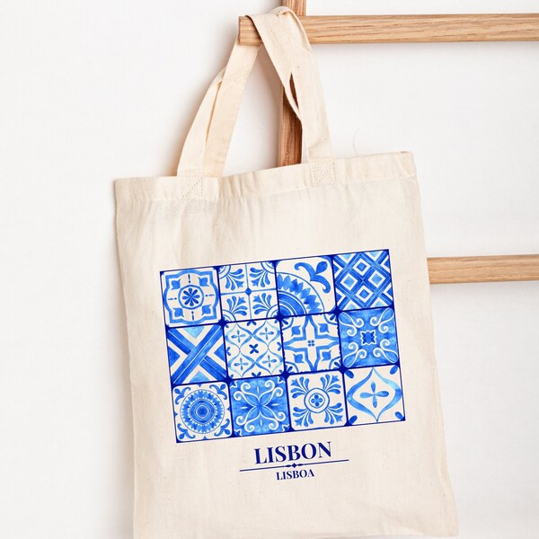 Lisbon Canvas Tote Bag, Portugal Souvenir, Blue Portuguese Tiles, Girls Trip, Gift for Portugal Lover, Eco-Friendly Reusable Natural Canvas