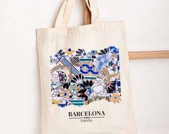 Sac fourre-tout en toile Barcelone Gaudi Design, souvenir d'Espagne, voyage entre filles, cadeau pour amoureux de Barcelone, cartable réutilisable écologique, toile naturelle