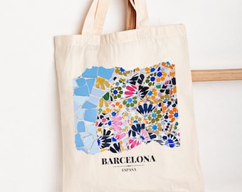 Barcelona Spain Gaudi Tiles Canvas Tote Bag, Eco Friendly Reusable Market Bag, Europe Trip, Girls Trip, Gift for Barcelona Lover, Book Bag