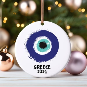 Greece Customizable Year Ceramic Christmas Ornament, Greece Souvenir, Evil Eye Protection Symbol, Gift for Greece Lover, Girls Trip Gift