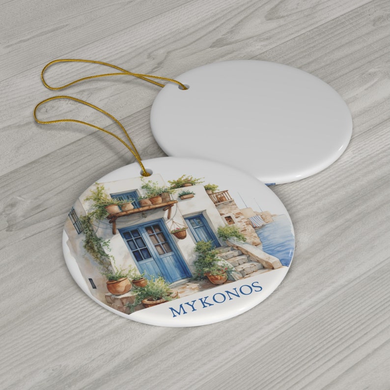 Mykonos Greece Blue Door Villa Watercolor Ceramic Christmas Ornament ...