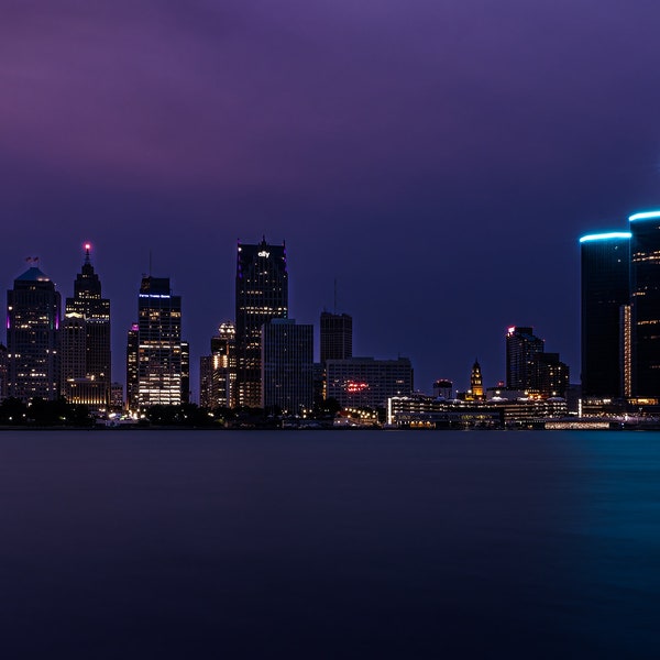 Detroit Skyline at Blue Hour taken from the Windsor Riverfront in Spring available in Matte or Pearl Paper Canvas Acrylic and Aluminum Metal