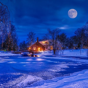 May include: A winter night scene with a full moon in a dark blue sky. A house with lit windows and a bridge over a frozen pond are in the centre. Snow covers the ground and trees, creating a serene, cold atmosphere.
