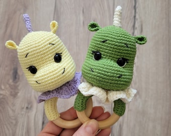 Dragon rattle crochet Dino toy Crochet rattle handmade Babyshower gift Newborn baby first toy First baby kid toy gift Grasping toy Gift set