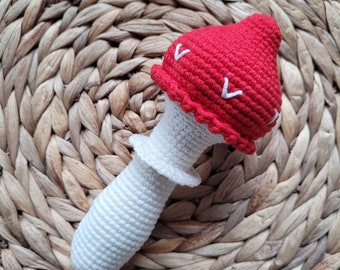 Handmade Crochet Mushroom Rattle: Organic Cotton Baby Sensory Toy