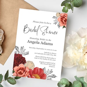 Vintage Florals Bridal Shower Invitation, Flower Printable Shower Invitation, Digital Download, Editable Canva Template, Burgundy Pink White