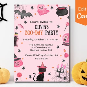 Pink Boo-Day Party Invitation, Halloween Birthday, Canva Template (Digital Download)