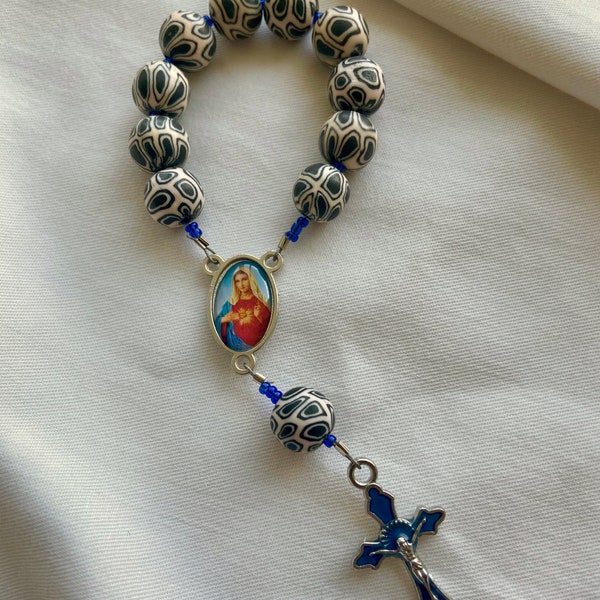 Unique,Navy Blue,Cream,Clay,Catholic,Holy,Rosary,Sacred Heart of Mary,Hail Mary,Pocket,Small,Student,Wire,Silver,Crucifix,Prayer,Seed Beads