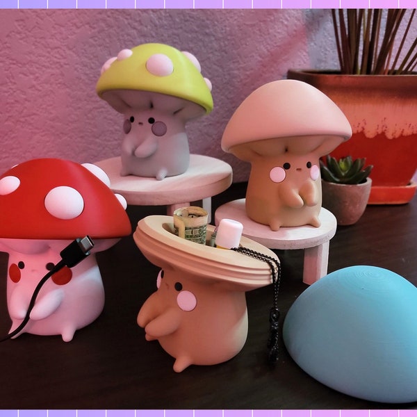 Cute Mushroom Cable Holder + Container | 3D Printed | Holoprops