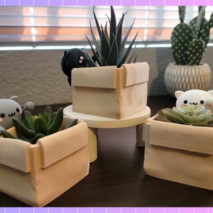 Kawaii Box Cat Plant Holder | + Drip Tray Option | 3D Print | Holoprops
