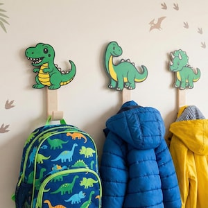 Dinosaur Wall Hooks for Kids Room | Playful Nursery and Toddler Decor | Kids Coat & Backpack Hooks
