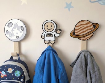 Space Wall Hooks for Kids Room, Moon Saturn Astronaut, Artemis Mission Decor, 3D Printed Nursery Coat Hooks
