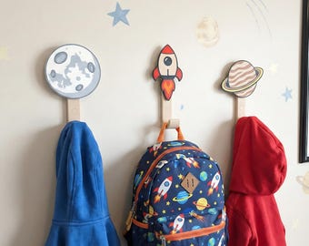 Space Themed Wall Hooks for Kids Room | Moon - Saturn - Rocket | Artemis Moon Mission Decor | Nursery and Toddler Space Gift
