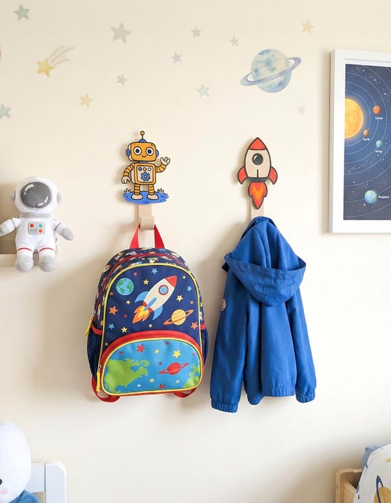 Robot & Rocket Wall Hooks Set – Space Themed Kids Room Decor – Astronaut Bedroom or Nursery Coat Hook – Boys Room Backpack Hangers