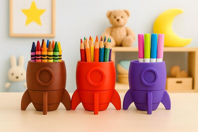 Rocket Crayon Holder for Kids, Artemis Moon Mission Gift, 3D Printed Space Desk Organizer image 9