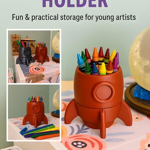 Rocket Crayon Holder for Kids, Artemis Moon Mission Gift, 3D Printed Space Desk Organizer image 4