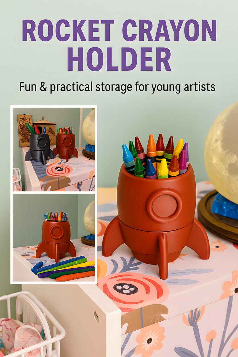 Rocket Crayon Holder for Kids, Artemis Moon Mission Gift, 3D Printed Space Desk Organizer image 4