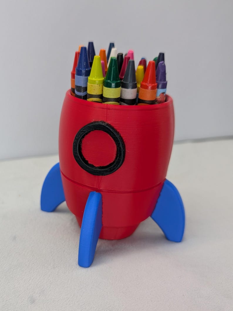 Rocket Crayon Holder for Kids, Artemis Moon Mission Gift, 3D Printed Space Desk Organizer Red, Blue and Black