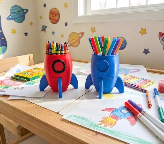 Rocket Crayon Holder for Kids, Artemis Moon Mission Gift, 3D Printed Space Desk Organizer