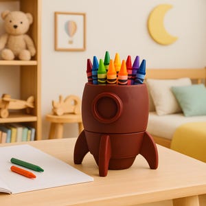 Rocket Crayon Holder for Kids, Artemis Moon Mission Gift, 3D Printed Space Desk Organizer Galaxy Red