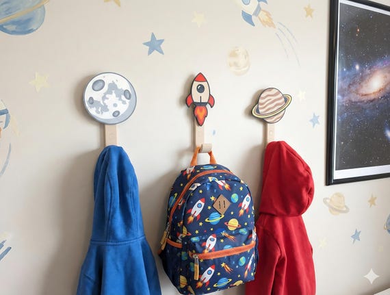 Space Themed Wall Hooks for Kids Room | Moon - Saturn - Rocket | Playful Nursery and Toddler Decor | Kids Coat & Backpack Hooks