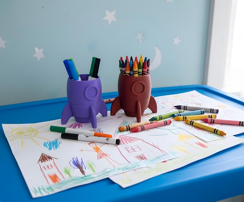 Rocket Crayon Holder for Kids, Artemis Moon Mission Gift, 3D Printed Space Desk Organizer image 2