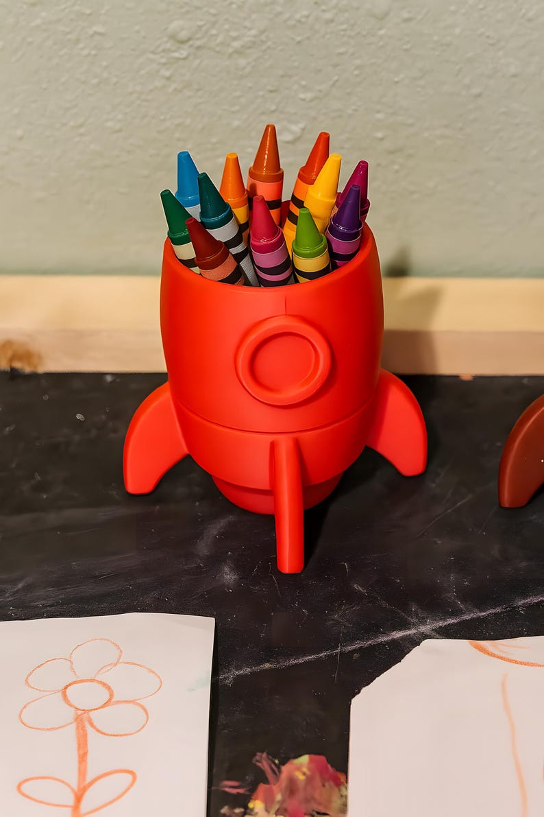 Rocket Crayon Holder for Kids, Artemis Moon Mission Gift, 3D Printed Space Desk Organizer Bright Red