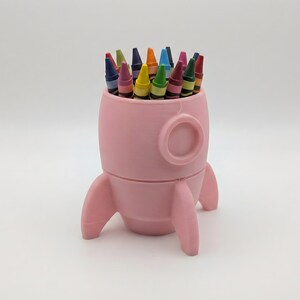 Rocket Crayon Holder for Kids, Artemis Moon Mission Gift, 3D Printed Space Desk Organizer Pink