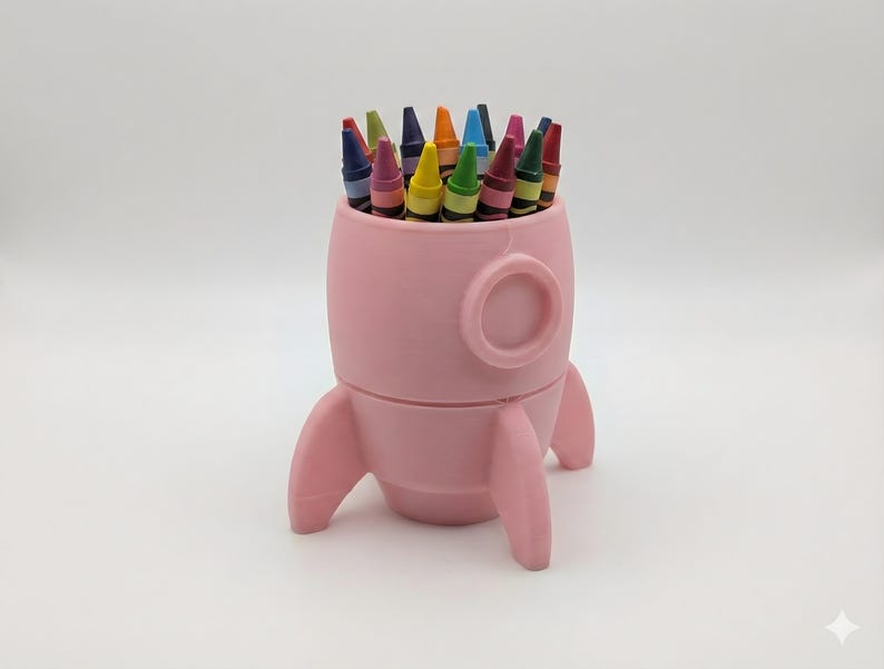 Rocket Crayon Holder for Kids, Artemis Moon Mission Gift, 3D Printed Space Desk Organizer Pink