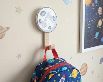 Moon Wall Hook for Kids Room | Artemis Moon Mission Decor | Space Nursery Kid-Friendly Coat & Backpack Hanger