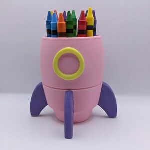 Rocket Crayon Holder for Kids, Artemis Moon Mission Gift, 3D Printed Space Desk Organizer Pink, Purple, Yellow