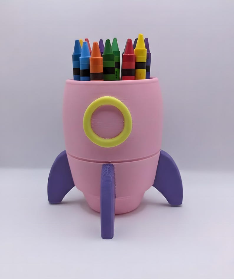 Rocket Crayon Holder for Kids, Artemis Moon Mission Gift, 3D Printed Space Desk Organizer Pink, Purple, Yellow