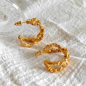 Molten Textured Gold Hoop Earrings, 18K Gold Plated Nugget Statement Hoops, Organic Rough Finish Chunky Earrings, Bold Sculptural Jewelry