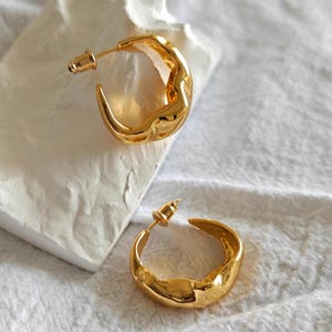 Molten Gold Hoop Earrings 18K Gold Plated Chunky Dome Hoops, Sculptural Statement Earrings, Modern Minimalist Jewelry for her
