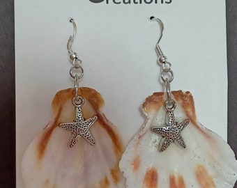 Fish Hook Scallop Shell Earrings - Metal and Beads
