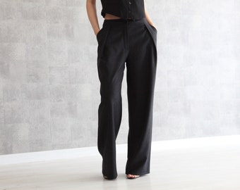 Gray Wide Leg Pants | 100% Handmade | Pleated High Waisted Pants w/Side Pockets | Palazzo Pants | Full Length Trousers w/ Front Zip Fly